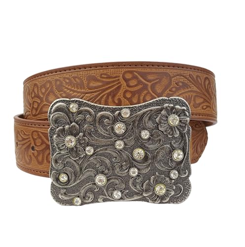 Western Antique Silver Buckle with Floral tooled belt Brown S/M