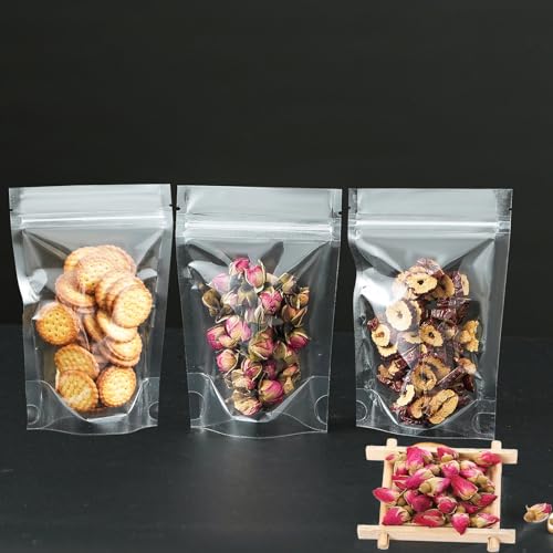 Image of 50 Pcs Resealable Packaging Bags, clear stand up food pouch bags with resealable lock seal zipper for Packaging Candy,Nuts,Snack,Tea,Spices,Treats,Pet Food and Soaps (5.5x7.9inch)