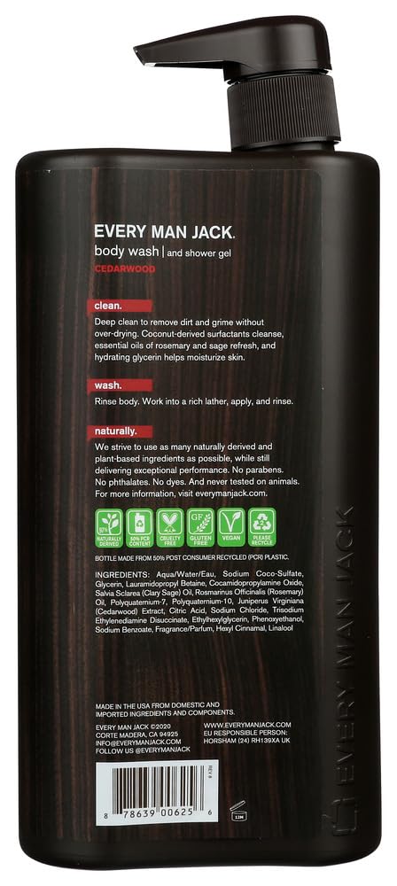 Every Man Jack Men's Body Wash - | 33-ounce Twin Pack - 2 Bottles Included | Naturally Derived, Parabens-free, Pthalate-free, Dye-free, and Certified Cruelty Free (Cedarwood) - Image 3