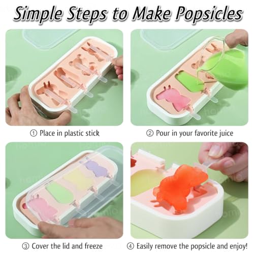 Image of 3 Fruit & 4 Cartoon Shape Cavity Non-Stick Silicone Ice Cream Mould with Lid & Plastic Sticks Reusable Frozen Candy, Kulfi Molds, BPA-Free DIY Icecream Popsicle Maker (Multicolor, Pack of 2)