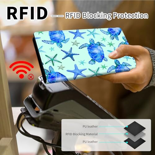 Wallets for Women Ultra Slim Thin Leather Women Wallet Wallet for Men Women, with RFID Blocking Credit Card Holder Ladies Clutch Purse Billfold Thin Wallet,Turtle and Starfish3