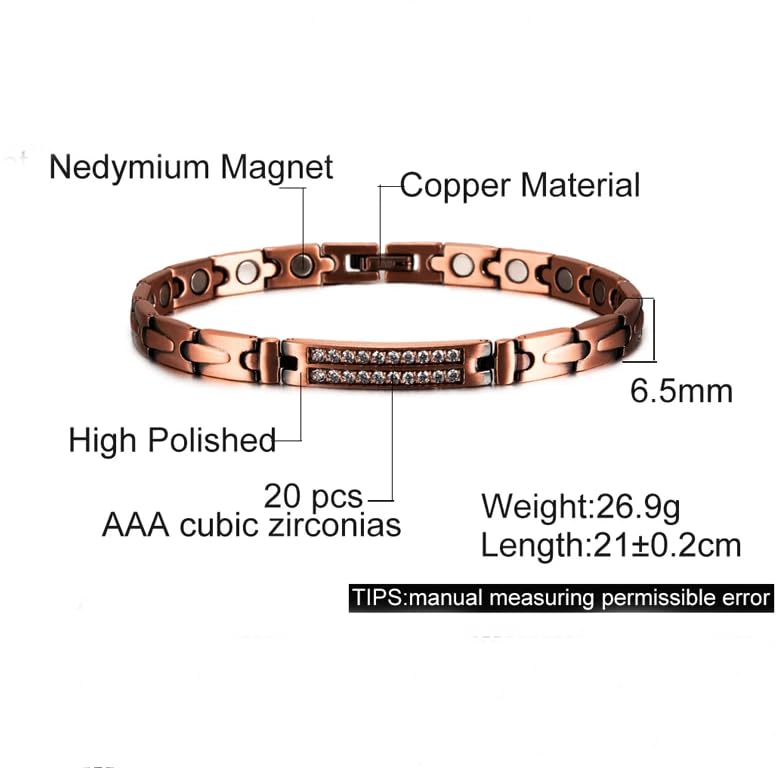 Image of Copper Bracelet for Women 99.9% Pure Copper Crystal Bracelets Link Chain Charm Jewelry Present 3500 Gauss with Adjustment Tool