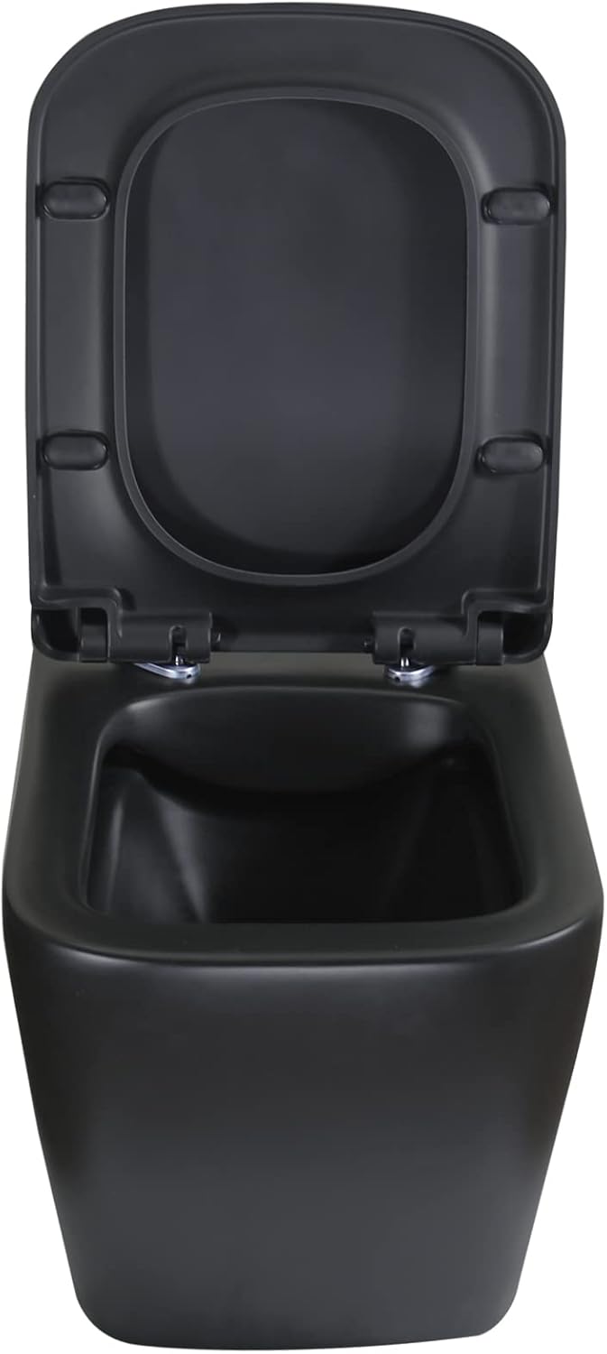 WinZo WZ5923B Rectangular Wall Hung Toilet Bowl Wall Mounted Bowl with Soft Closing Seat in Matte Black
