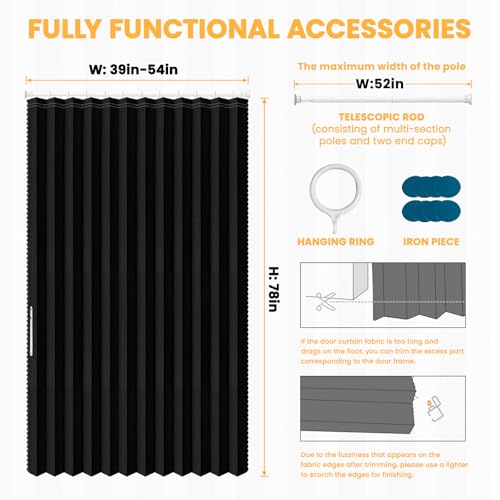 Image of AJAZZ Blackout Magnetic Door Curtain with Curtain Rods Adjustable 28-52 inch Long Pleated Door Curtain Folding Door Invisible Applicable Bedroom Room Living Room Doorway (1 Pack, 52 W x 78 L, Black)