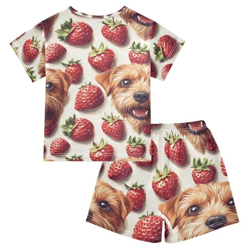 ALAZA Strawberry Puppy Dog Pajamas Set Short Sleeve Cotton Sleepwear Summer Pjs 2 Piece 5-14Y2