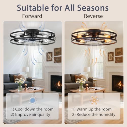 Image of VOLISUN 27.6'' Caged Ceiling Fan with Light and Remote,Rustic Low Profile Ceiling Fan with Light Flush Mount, Farmhouse Bladeless Fandelier Ceiling Fans with Lights for Kitchen,Bedroom-Black