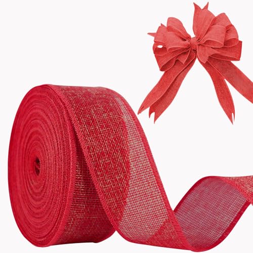 JaoZuyard Red Burlap Ribbon 2 inch X 20 Yard Linen Woven Wired Ribbon