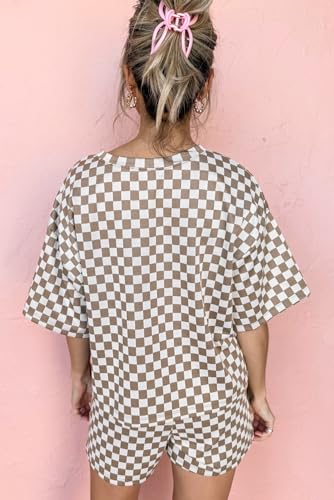 SELINK Womens 2 Piece Outfits Casual Checkered Top and Short 2pcs Set Plaid Short Sleeve Round Neck Daily Sweatsuit2
