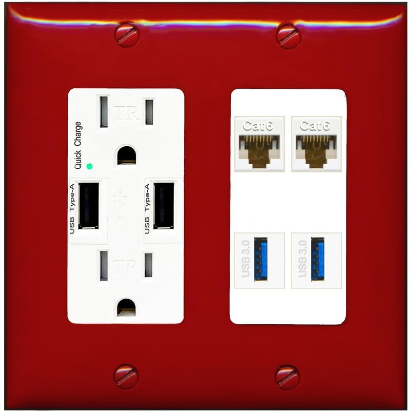 RiteAV 2 Port Cat6 2 USB3 Wall Plate - USB Outlet [Screwless White]