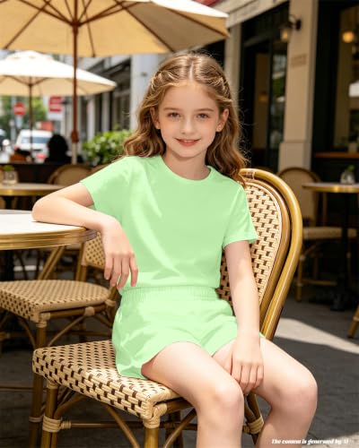 Image of Bestuline Girls Summer 2 Piece Outfits,Basic Short Sleeve Top & Shorts Set with Side Pockets,4-14Y
