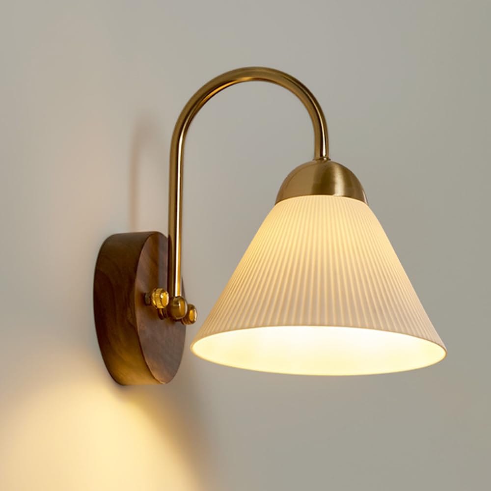 SXECAEPS White Ceramic Wall Lamp Vintage Wood Sconce Lighting Hardwired Light Retro Sconces E27 Mounted Lamps for Living Room Bedroom Bedside Home Decor Lights