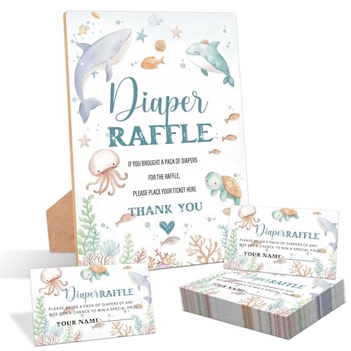 Image of Under The Sea Baby Shower Diaper Raffle, Pack of 1 Wooden Tabletop Sign with Stand and 50 Diaper Raffle Tickets, Sea Creatures Ocean Baby Shower Game, Gender Reveal Party Decorations - EH14