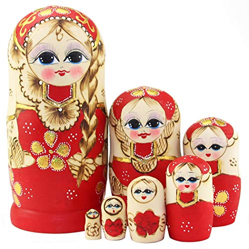Moonmo 7pcs Cute Red Sweater Braid Girl Russian Wooden Nesting Dolls Matryoshka Toys