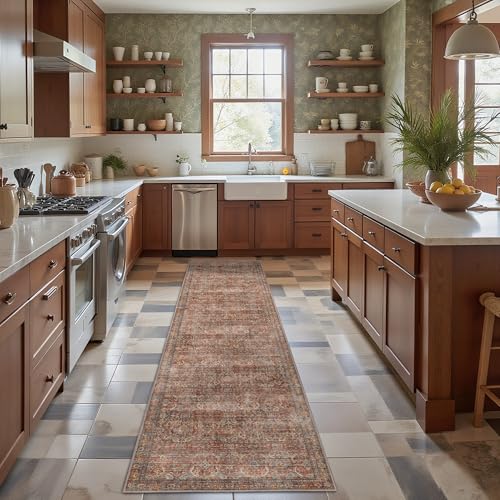 GENIMO 2x5 Runner Rugs for Hallway, Machine Washable Non Slip Vintage Rugs, Low Pile Lightweight Soft Print Rug for enrtyway, Corridor, Home Office, Kitchen, Terracotta Indigo