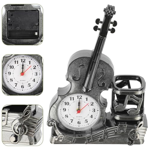 Reloj de mesa con forma de violín vintage y soporte para bolígrafo decorativo 8