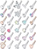 Prjndjw 18G Surgical Steel Nose Rings and Studs - Glow Dark Heart Opal CZ Flower Piercing Jewelry for Women - Straight, Bend, L Shaped - 30Pcs 6.5mm Purple Piercing Kit