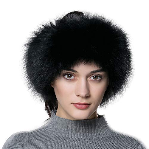 URSFUR Women Headband Real Fox Knitted Scarf Ear Protector Black