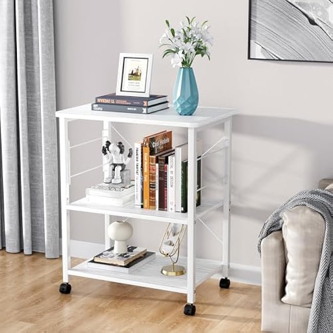 Mr IRONSTONE Microwave Cart 23.7'' for Small Space, 3-Tier Microwave Stand Coffee Cart Rolling Kitchen Utility cart on Wheels, White