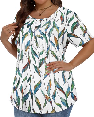 Image of Plus Size Tops for Women Pleated Summer Top Trendy Short Sleeve Shirts Casual Basic Tee Crew Neck Blouses 2026