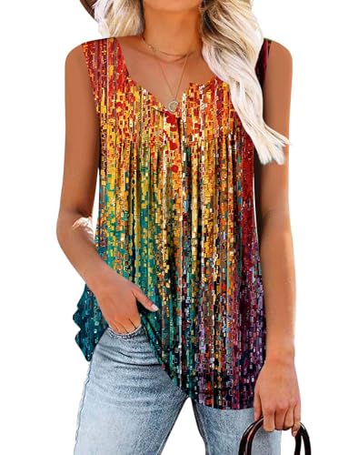 KISSMODA Women Vintage Floral Print Tunic Tops V-Neck Button Up Short Sleeveless Summer T Shirts for Ladies Rainbow Large