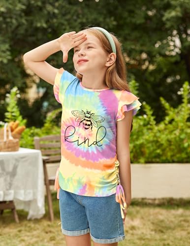 Image of Arshiner Girls T Shirts Ruffle Short Sleeve Ruched Knot Side Tunic Blouse Summer Tee Tops
