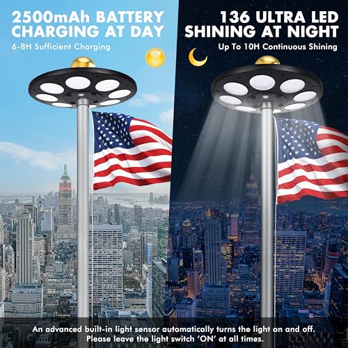 PPQ Solar Flagpole LED Light,136 LED 10000h Lifespan Black Flag Pole Light for 15-25 Ft Poles,Solar Powered Waterproof Lighting on Outdoor Pole Top,10 Hour Dusk to Dawn Auto On/Off