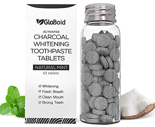GloBoid Charcoal Toothpaste Tablets with Fluoride, Easy Bite Toothpaste Bits, Zero Waste & Eco Friendly Toothpaste Tabs, Plastic Free Toothpaste Bites - 1 Month Supply - 62 Count - Mint