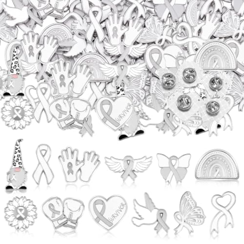 Image of Landical 60 Pcs Brain Cancer Awareness Enamel Pins Bulk Gray Ribbon Lapel Pin Brain Tumor Awareness Product Items for Fundraising Support Care Hope Accessories