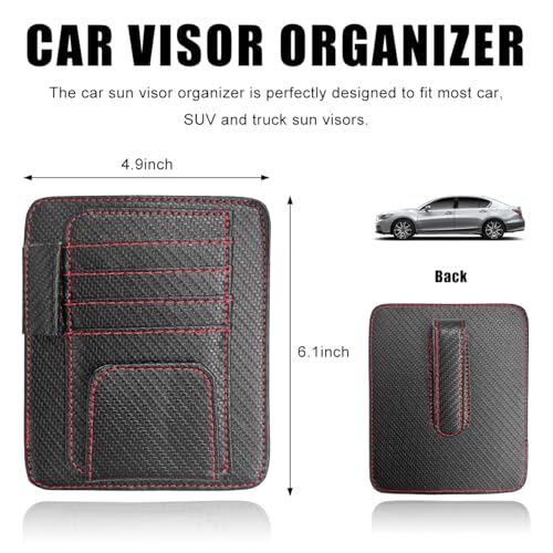 povtii Car Sun Visor Organizer, Waterproof Leather Car Sun Visor Storage Clip, Multifunctional Vehicle Sun Visor Folder with Sunglasses Clip, Universal Interior Car Accessories (Red Carbon Fiber)
