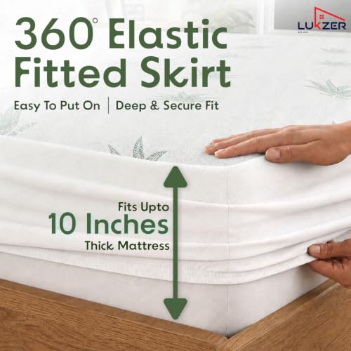 Image of Lukzer 100% Waterproof Natural Aloe Vera Mattress Protector Queen Size 72 inch x 60 inch inch | 360 Elasticated fit, Breathable, Hypoallergenic, Noiseless, Ultra-Soft Fitted Deep Pocket Bed Protector Cover