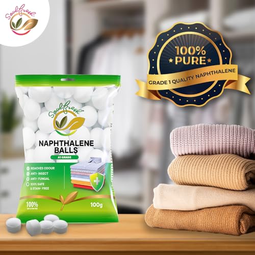 Image of SOULFRESH Naphthalene Balls White Kapoor Goli Stain-Free Insect Repellant Mothballs Sanitary Cubes for Commercial Use Cloth Wardrobe, Almirah, Bookshelves, & Drawers- 100g Pack of 10 (Total 1000gm)
