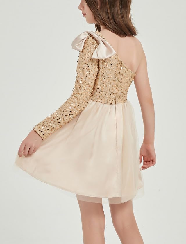 EXARUS Girls Sequin Sparkle Party Tulle Tutu Dress One Shoulder Fancy Long Sleeve Special Occasion Short Dress3