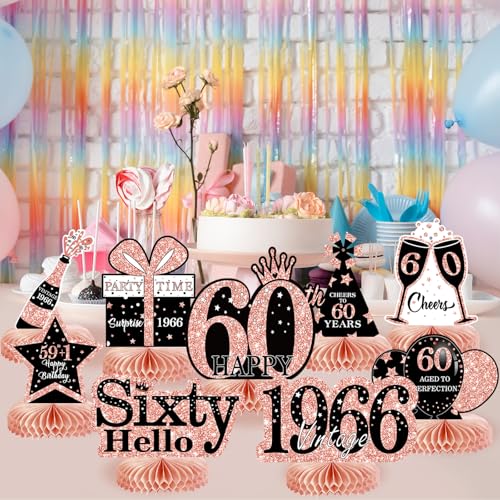Image of 9Pcs 60th Birthday Decorations Honeycomb Centerpieces for Women, Rose Gold Pink Happy 60th Birthday Centerpieces Tables Toppers Party Decorations Supplies, Vintage 1966 Aged Table Sign Decor