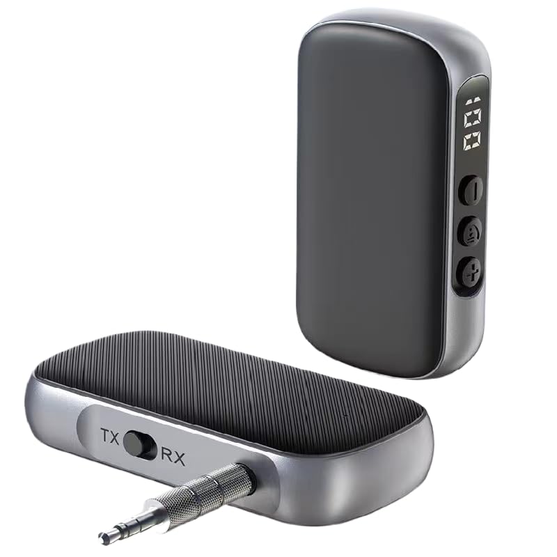 Bluetooth 5.3 Wireless Audio Adapter, 2-in-1 Aux Bluetooth Receiver/Transmitter for Car/TV/PC/Home Stereo/Speaker/Headphones, Handsfree Calls, LED Display, stereo MP3 Music Player,13H Battery