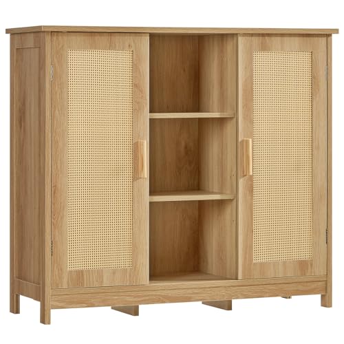 Image of Iwell Rattan Storage Cabinet with 4 Adjustable Shelves, Coffee Bar Cabinet, Sideboard Buffet for Kitchen, Living Room, Entryway, Natural