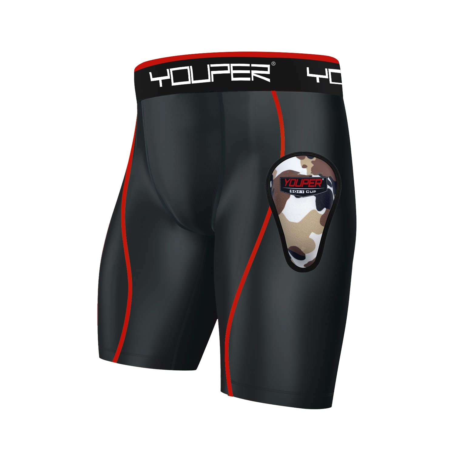 Youper Boys Athletic Supporter, Compression Shorts w/Soft Protective Athletic Cup, Youth Sizes (Black Red, X-Small)