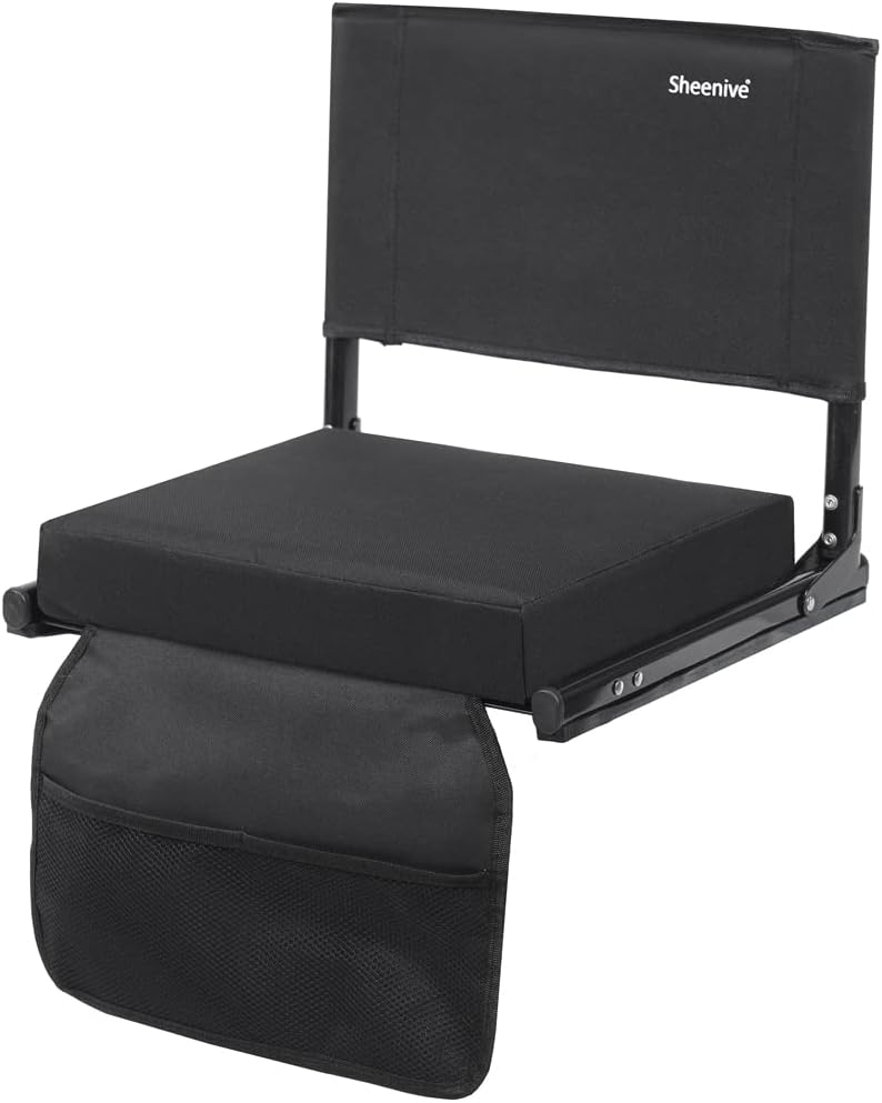 Sheenive Stadium Seats for Bleacher - Wide Padded Cushion Stadium Seats Chairs for Outdoor Bleachers with Leaning Back Support and Shoulder Strap, Perfect for NFL and Baseball Games, 1 Pack, Black