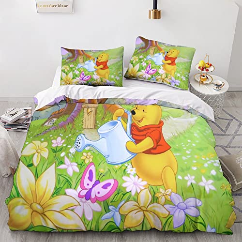 BIVEE Winnie l’Ourson Housse De Couette avec Taies d'oreiller Animation Parure De Lit en Microfibre,pour Adultes Garçons Filles avec Fermeture À Glissière...