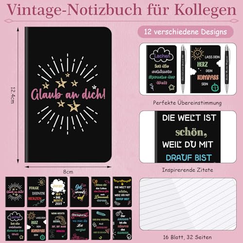 Tenare 12 Set Dankeschön Geschenk für Kollegen Lehrer 12 Inspirierende Notizbücher 12 Motivierender Kugelschreiber Geschenk für Abschluss Büro(Schwarz,Schwarz)