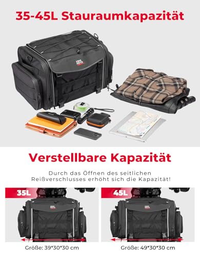 KEMIMOTO Motorrad Tasche 35-45L, wasserdichte Motorrad Hecktasche, Große Kapazität, Erweiterbare Satteltasche, Gepäckträgertasche mit Regenhülle, Einfache Montage, Schwarz