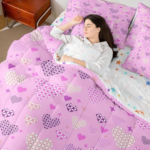 Image of Erosebridal Love and Heart 7 Pcs Bedding Set Cute Heart Pattern Queen Comforter Set for Girls Kids Purple Valentine Bed in A Bag with Flat and Fitted Sheet Love Geometric Bed Set