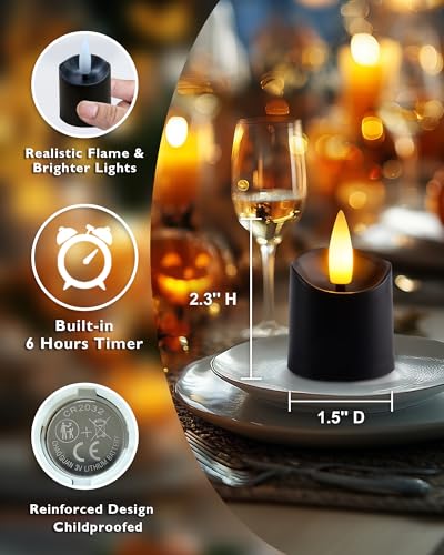 Image of Homemory 12Pack Timer Black Tea Lights Candles Battery Operated, Long Lasting Flameless LED Votive Candles, for Halloween Decorations, Theme Party, Table Decor-Black Base