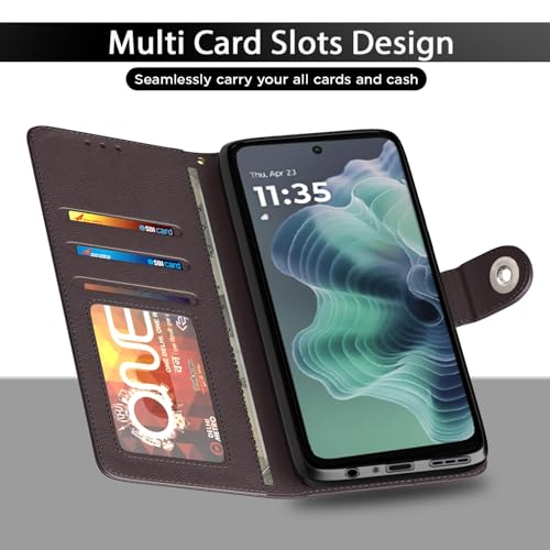 Image of Pikkme Flip Cover Leather Finish | Inside TPU with Card Pockets | Wallet Stand and Shock Proof | Complete Protection Button Flip Case for Moto G35 5G(Coffee)