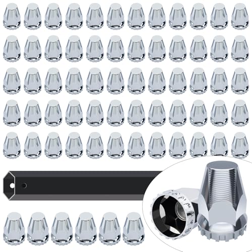 Image of CheeMuii 66 Pack Lug Nut Covers with Installation Tool Extra 6 Pcs Nut Covers as Replacement to Prevent Damage 33mm ABS Chrome Screw-on Nut Cover Caps for Semi Truck Trailer