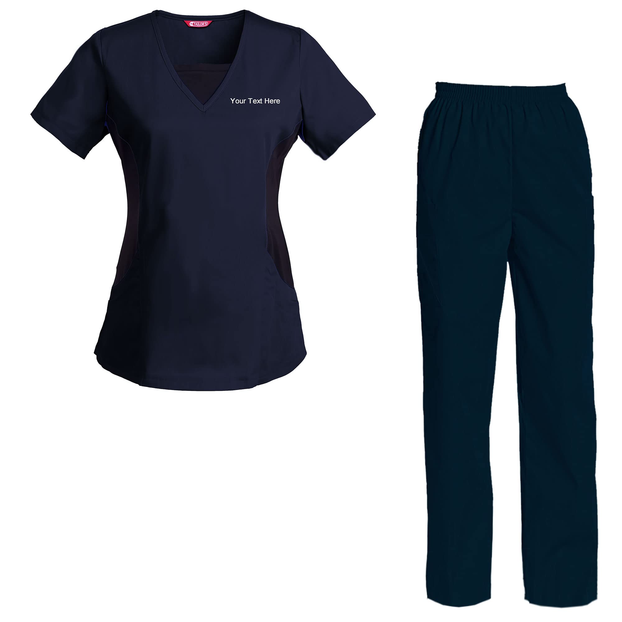 TAILOR'S Women's Embroidered Scrub Top and Pants Set - Personalized with your Text