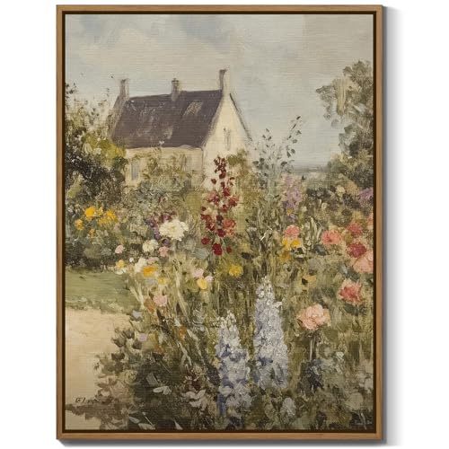 LHZSJWDCCR Vintage Cottage Landscape Wall Art Nature Wildflower Canvas Painting Prints Retro Country Garden Pictures Wall Decor for Farmhouse Bedroom Living Room Home Office Kitchen, 12x16 Inch Framed