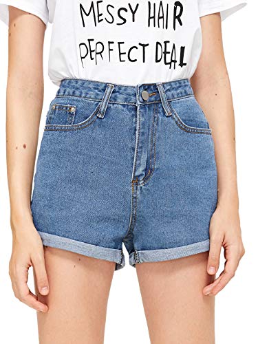 Milumia Women's High Waisted Denim Jean Button Roll Hem Pockets Boyfriend Shorts Blue Large