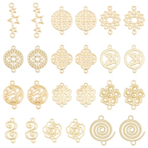 SUPERFINDINGS 24Pcs 12 Style Baroque Style Links Connectors Gold Double Hole Pendant Flower Flat Round Chinese Knot Connector Charms for DIY Jewelry Making hole: 1.2~2mm