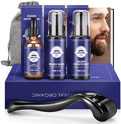 Beard Growth Kit - Beard Derma Roller, Beard Growth Oil (2Oz), Beard Wash, Beard Conditioner, Storage Bag, E-book, Beard Thicker Grooming Care Kit, Mustache Gifts Set for Boyfriend Husband Fathers Dad Men Him