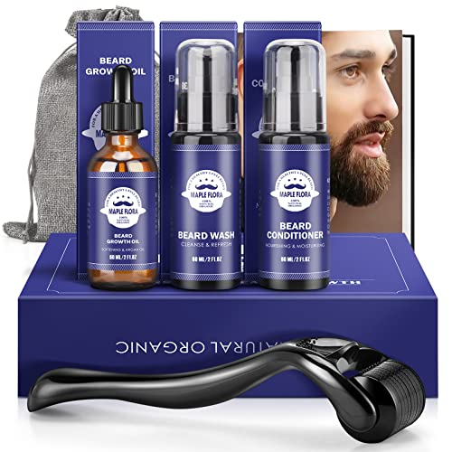Beard Growth Kit - Beard Derma Roller, Beard Growth Oil (2Oz), Beard Wash, Beard Conditioner, Storage Bag, E-Book, Beard Thicker Grooming Care Kit, Mustache Gifts Set For Boyfriend Husband Fathers Dad Men Him #TOP24